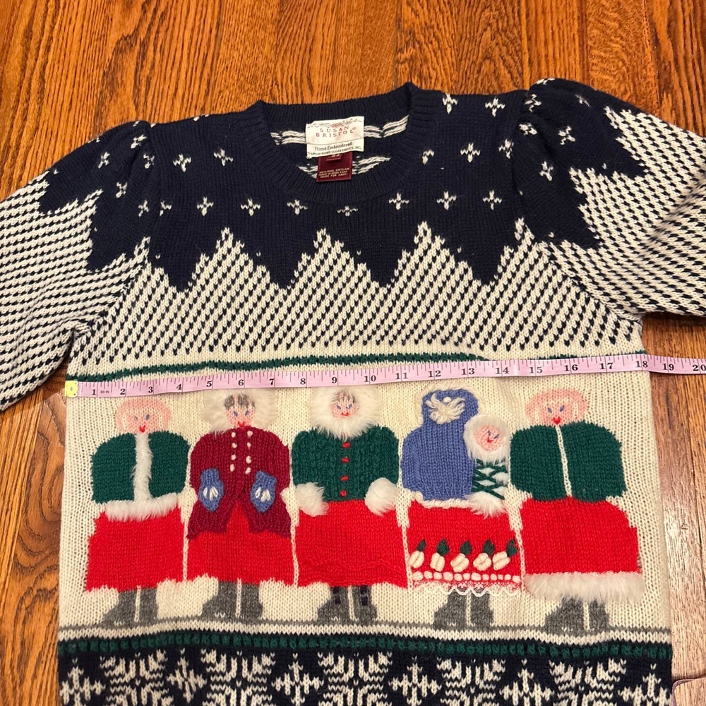 Vintage 80s Susan Bristol Embroidered Wool Sweater Winter Scene Small Cottage - Picture 5 of 6